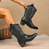 Santiag mi-haute noir Simili Cuir Femme - Broderie élégante et talon carré 4