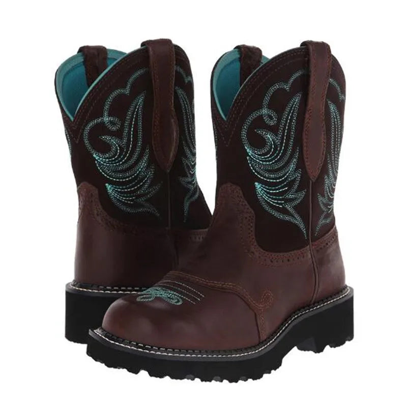 Santiag mi-haute marron foncé Simili Cuir Femme - Broderie turquoise sur fond marron 2