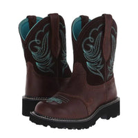 Santiag mi-haute marron foncé Simili Cuir Femme - Broderie turquoise sur fond marron 2
