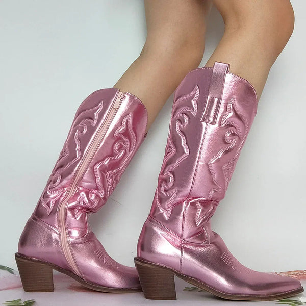 Santiag mi-haute argentée Simili Cuir Femme - Broderies géométriques argentées élégantes