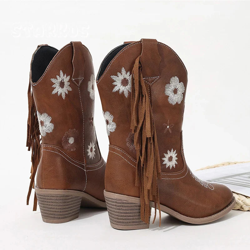 Santiag mi-haute marron Simili Cuir Fille - Broderies florales avec franges élégantes 6