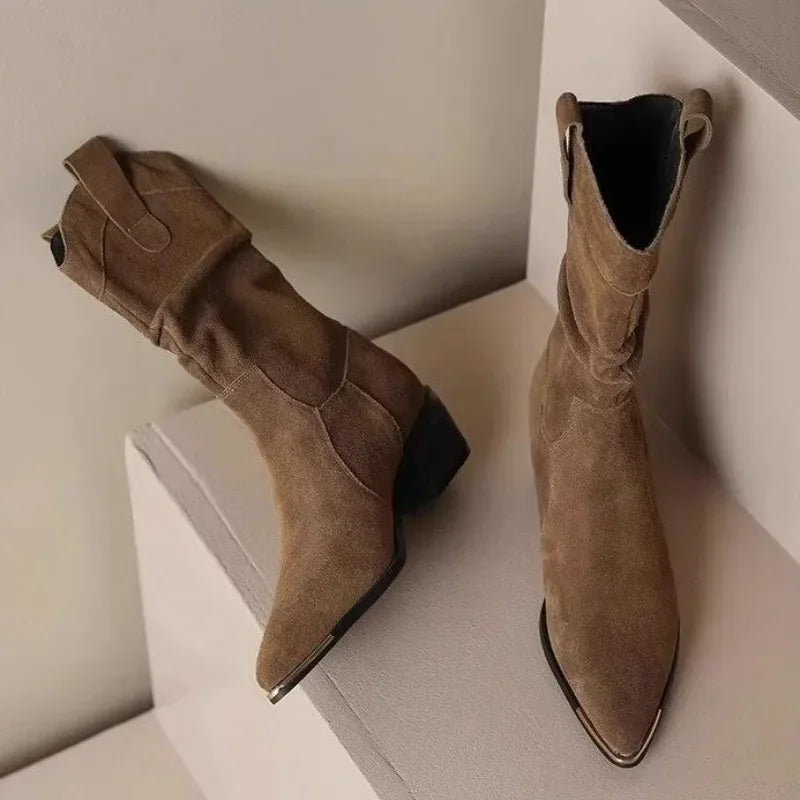 Santiag mi-haute marron Daim Synthétique Femme - Bout pointu avec faux métal élégant 3