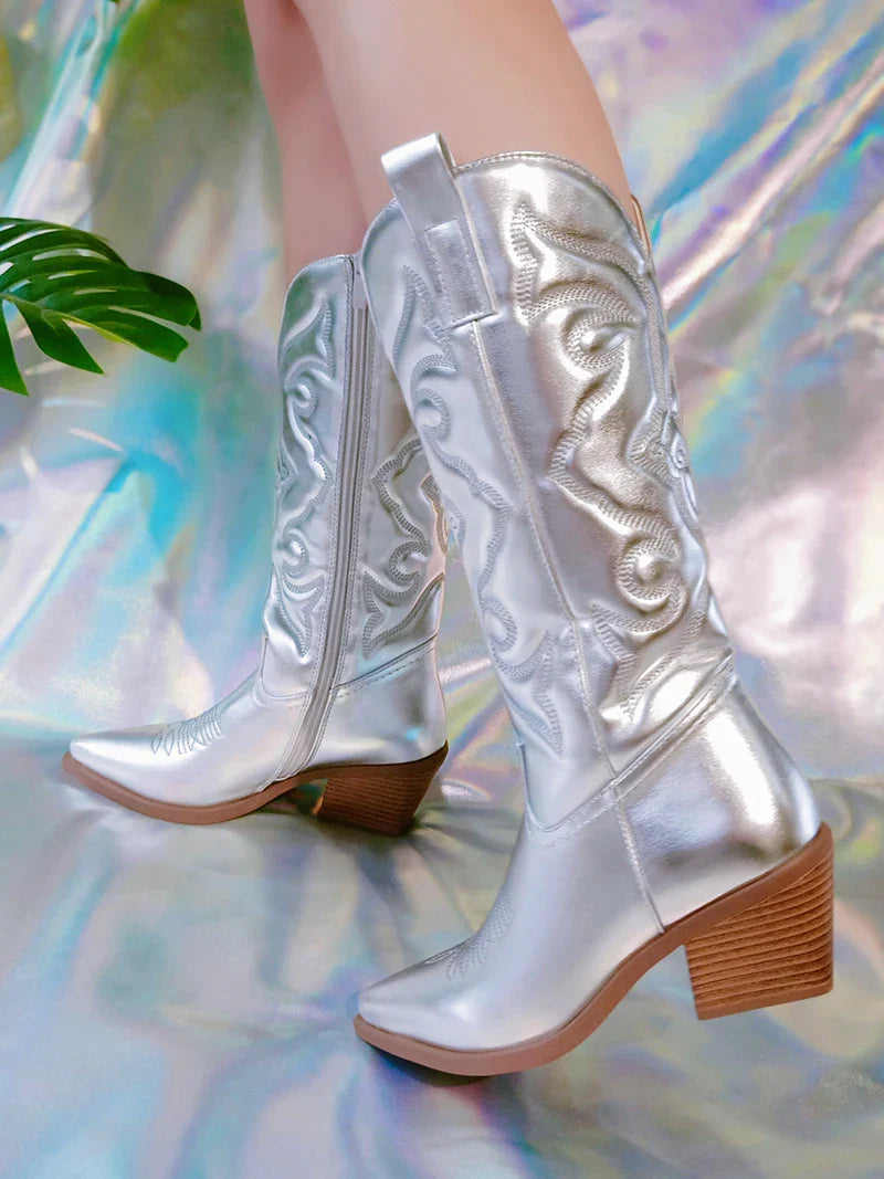 Santiag mi-haute argenté Simili Cuir Femme - Motifs western élégants et talon biseauté 5