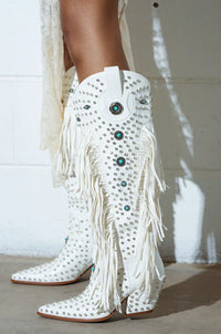 Santiag haute blanc Simili Cuir Femme - Blanches à franges et motifs bleus 3