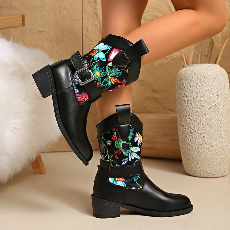 Santiag mi-haute noir Simili Cuir Femme - Broderies florales élégantes et artistiques 3