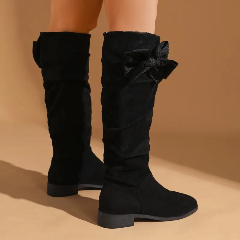 Santiag haute noir Daim Femme - Nœud papillon élégant sur le côté 5