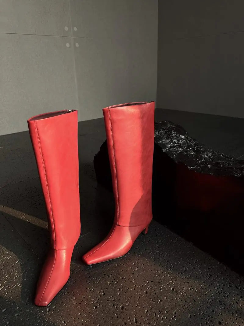 Santiag haute rouge Cuir Femme - Fermeture éclair dorée et talon bottier