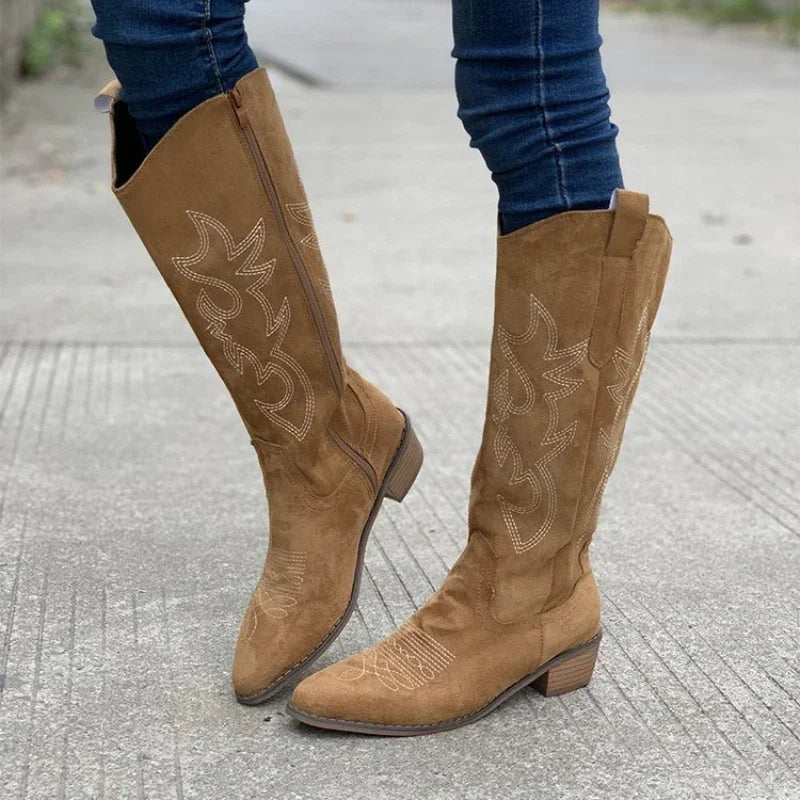 Santiag mi-haute camel Simili Cuir Femme - Broderies western et talon carré élégant 4