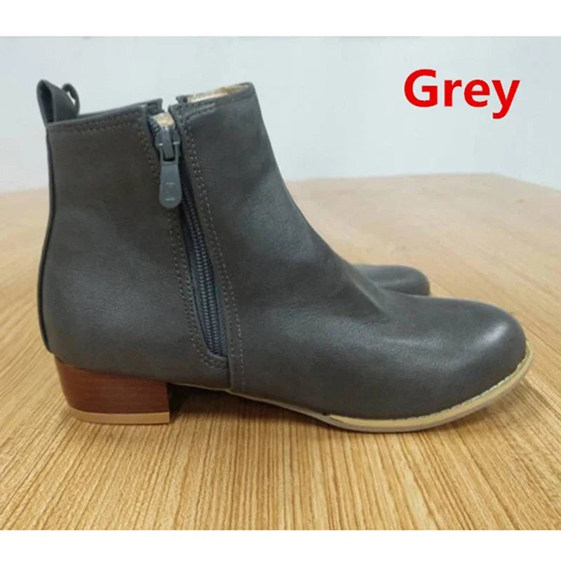 Santiag basse gris Simili Cuir Femme - Zip latéral et talon carré contrastant