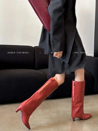 Santiag haute rouge Cuir Femme - Fermeture éclair dorée et talon bottier 2