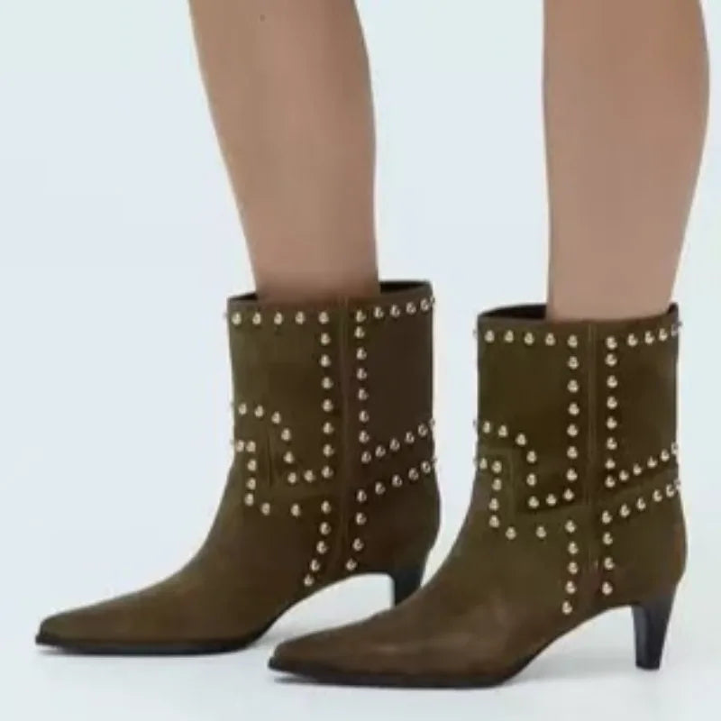 Santiag basse noir Synthétique Femme - Clous dorés et talon évasé chic