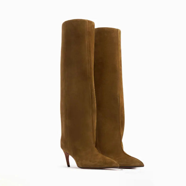 Santiag haute marron Daim Synthétique Femme - Élégantes bottes pointues au design épuré