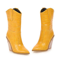 Santiag mi-haute jaune Simili Cuir Femme - Texture crocodile moderne et talon incliné 2