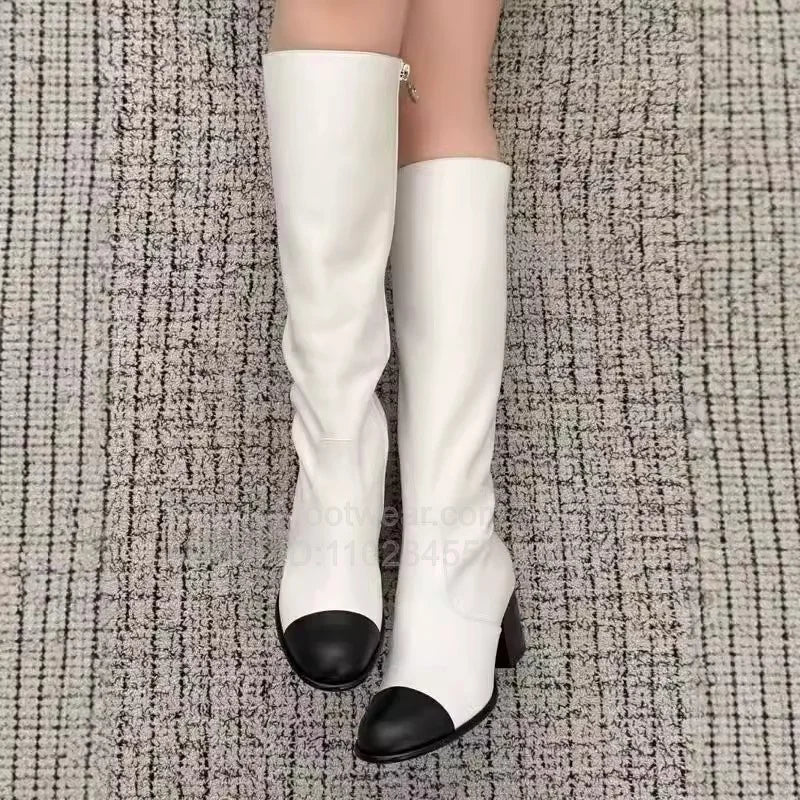 Santiag haute blanc Simili Cuir Femme - Bout noir chic sur blanc pur