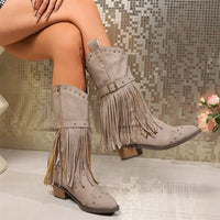 Santiag mi-haute beige Daim Synthétique Femme - Franges longues et clous métalliques stylisés 3