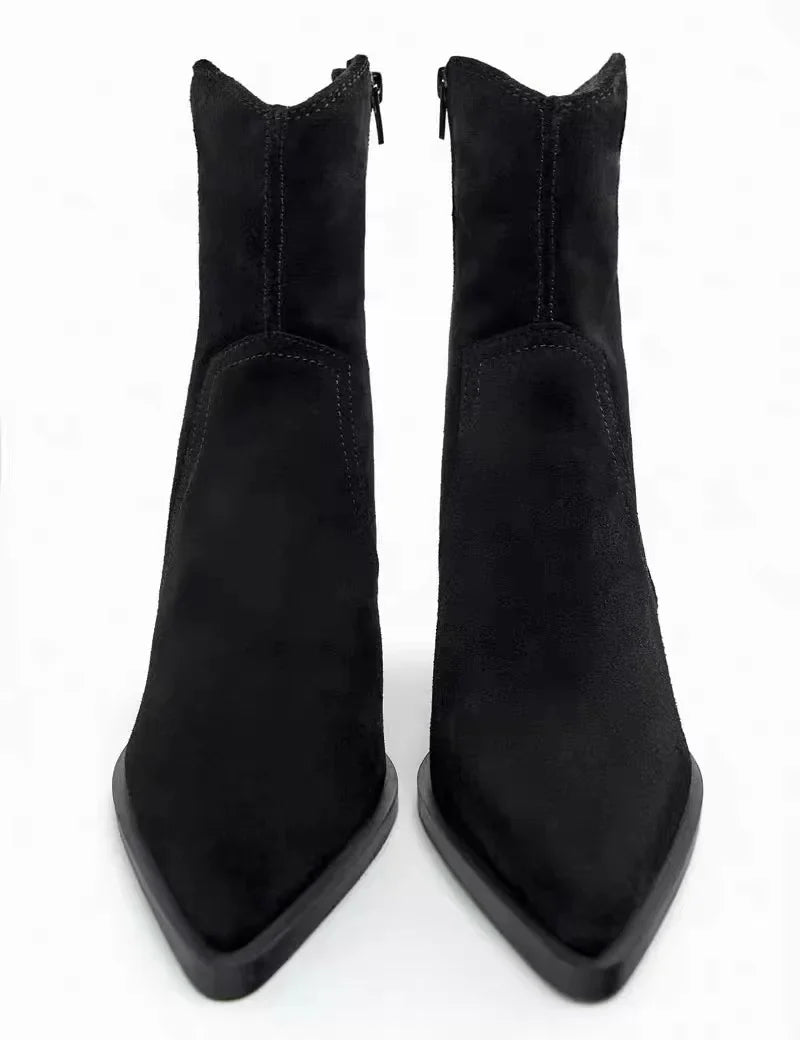 Santiag mi-haute noir Daim Femme - Talon carré élégant et bout pointu 5