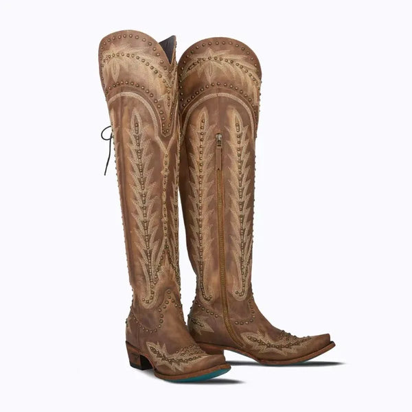 Santiag haute marron Simili Cuir Femme - Style western avec broderies et rivets
