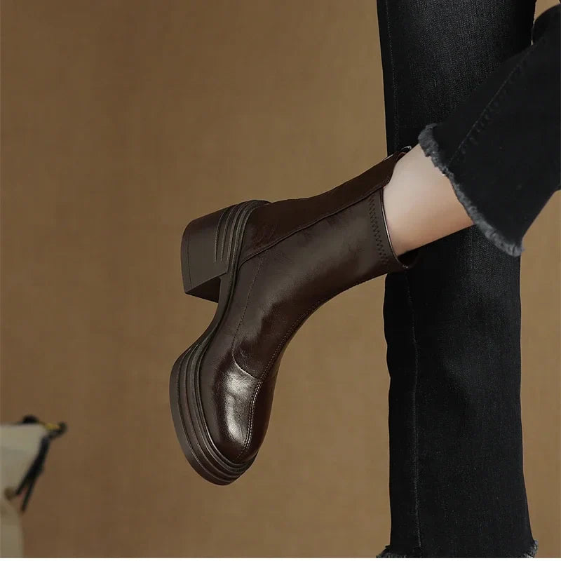 Santiag mi-haute marron foncé Synthétique Femme - Talon épais et bout carré distinctif