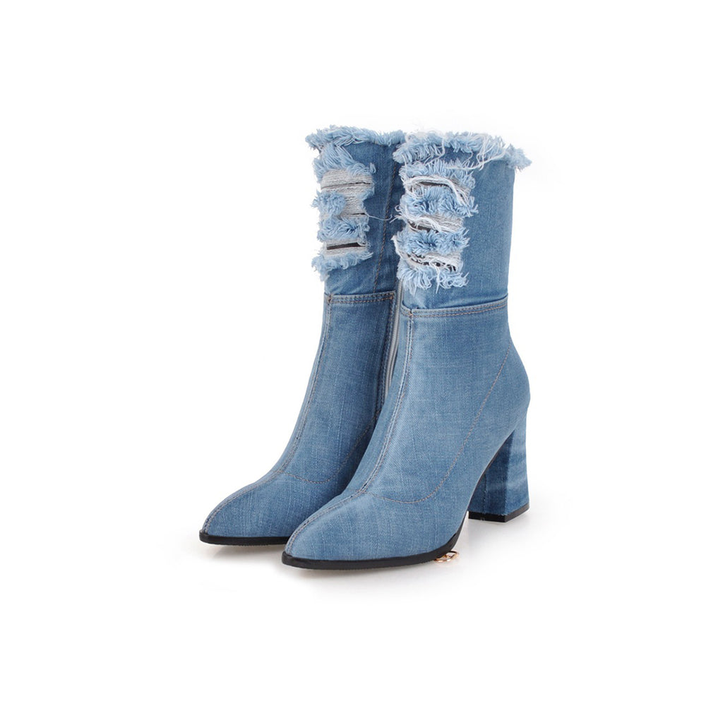 Bottine à talon Synthétique Femme - Franges bohèmes et denim chic