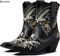 Santiag mi-haute camel Cuir Femme - Broderies florales et talon biseauté classique 3