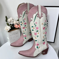 Santiag mi-haute blanc Simili Cuir Femme - Broderies florales vibrantes élégantes 8