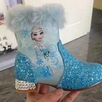 Santiag mi-haute bleu à paillettes Synthétique Enfant - Paillettes bleues et fausse fourrure blanche 2