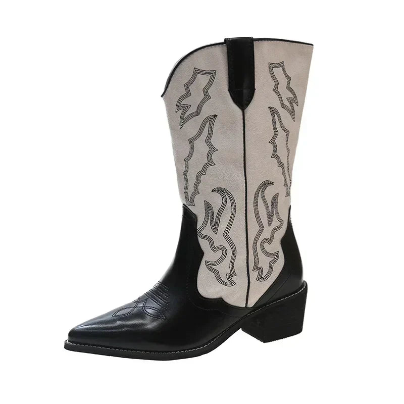 Santiag haute noir Simili Cuir Femme - Broderies western exquises et bout pointu