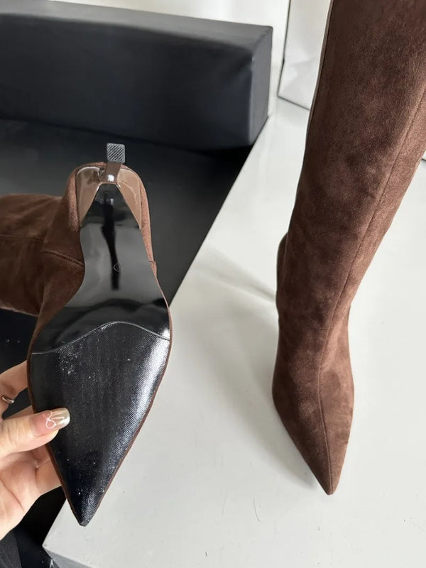 Santiag haute camel Daim Femme - Élégantes avec talons fins et bout pointu