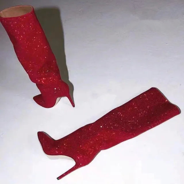 Santiag haute rouge à paillettes Daim Synthétique Femme - Bottes rouges glamour à talon aiguille
