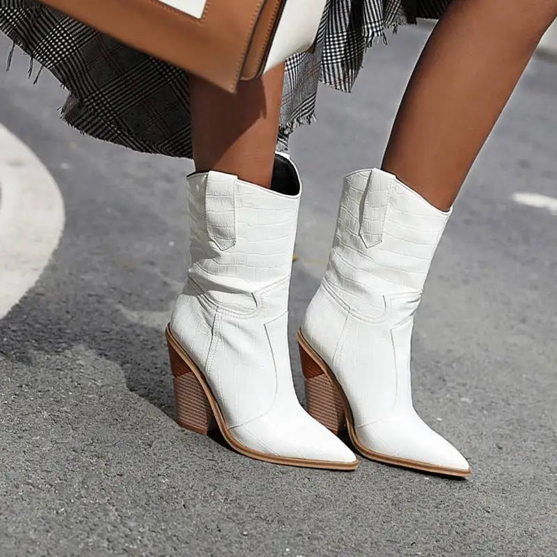 Santiag mi-haute blanc Simili Cuir Femme - Talon carré et bout pointu élégant 4