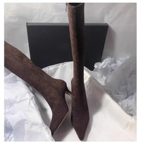 Botte haute marron foncé Daim Synthétique Femme - Talon aiguille et bout pointu élégant 4