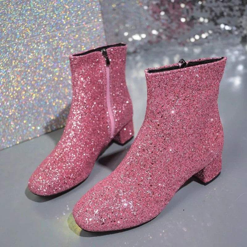 Santiag mi-haute rose à paillettes Synthétique Femme - Bottines festives rose pailletées