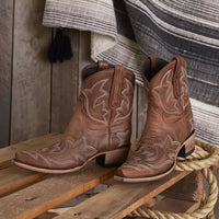 Santiag mi-haute marron Simili Cuir Femme - Broderies élégantes pour un style campagnard 3
