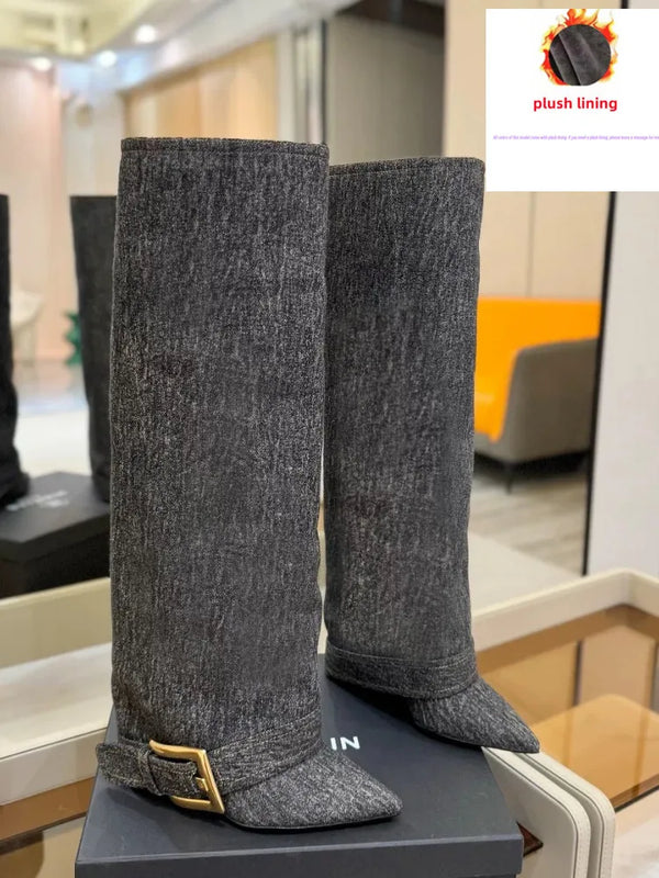 Santiag haute gris Synthétique Femme - Élégance moderne avec boucle dorée