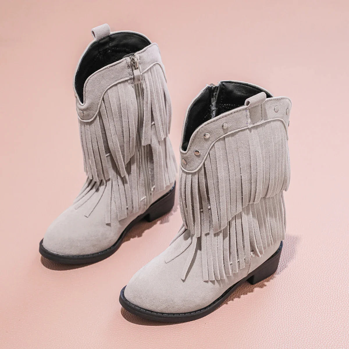 Santiag mi-haute beige Daim Fille - Franges avec clous métallo-western 6