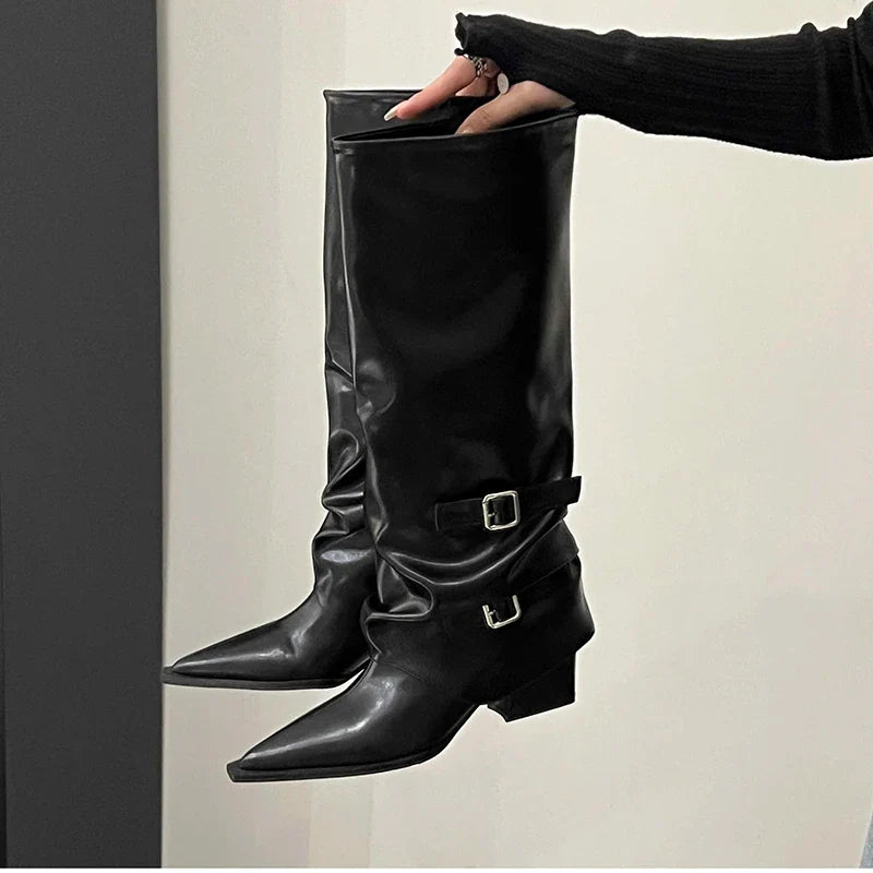 Santiag haute noir Simili Cuir Femme - Bout pointu avec boucles élégantes 4