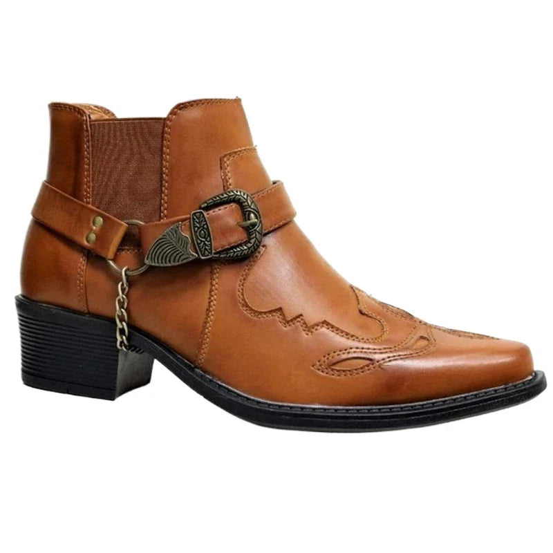 Santiag mi-haute marron Simili Cuir Homme - Bout pointu avec boucle et chaîne