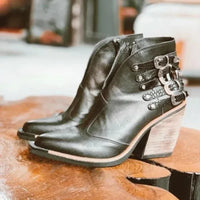 Santiag mi-haute noir Cuir Femme - Motif python et boucles argentées 1