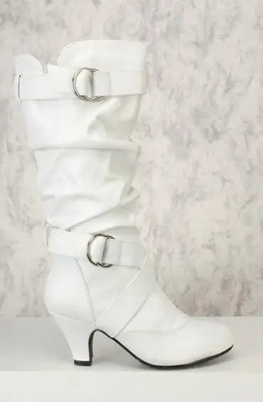 Santiag mi-haute noir Simili Cuir Femme - Boucles métalliques et tige plissée chic