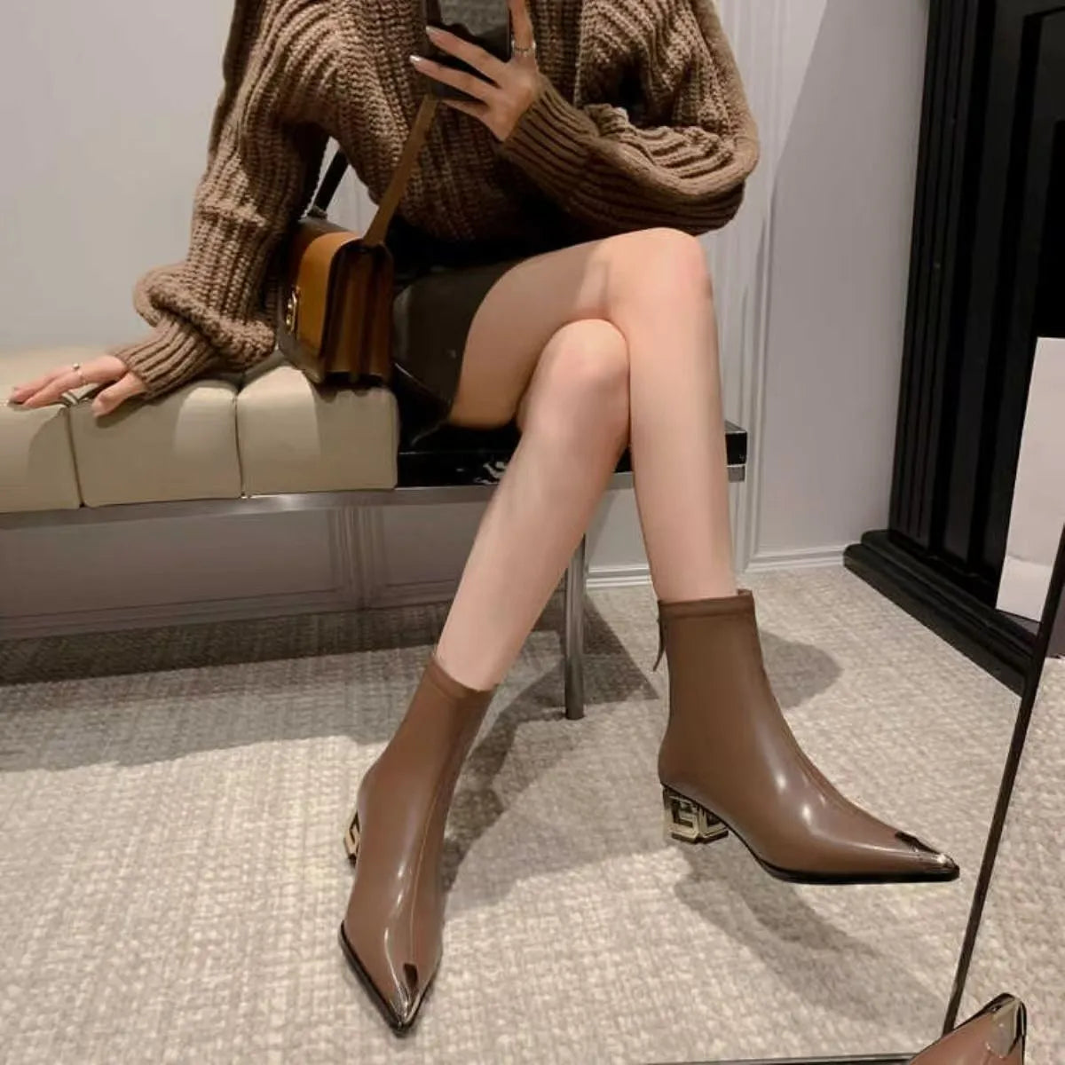 Bottine à talon marron Simili Cuir Femme - Santiags marron pointues avec talon géométrique