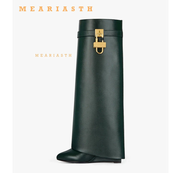 Santiag mi-haute vert Cuir Femme - Silhouette épurée avec boucle dorée