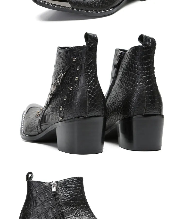 Santiag mi-haute noir Cuir Homme - Bout métallique avec clous et texture croco 8