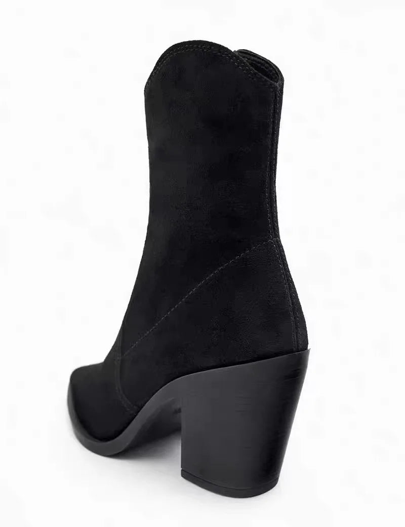 Santiag mi-haute noir Daim Femme - Talon carré élégant et bout pointu