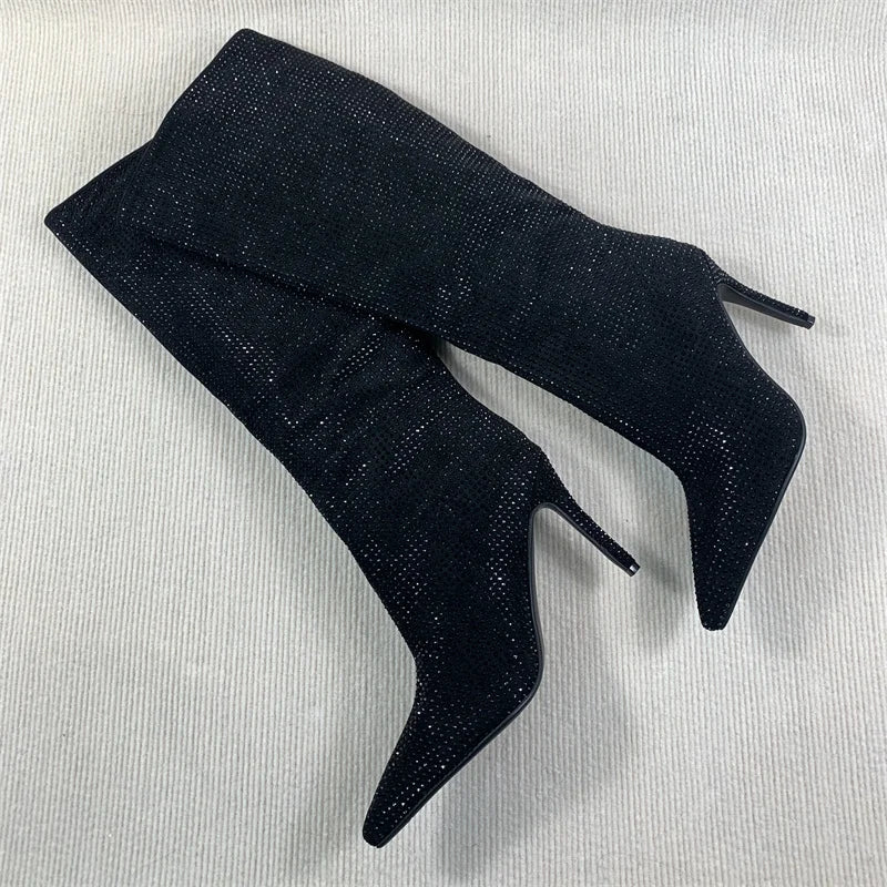 Santiag haute jaune Daim Synthétique Femme - Bottes jaunes scintillantes avec talon aiguille