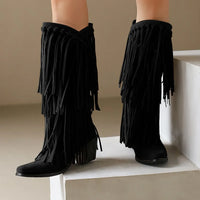 Santiag mi-haute noir Simili Cuir Femme - Franges longues pour un style bohème 2