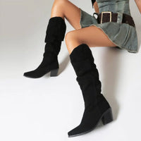 Santiag mi-haute noir Simili Cuir Femme - Tige plissée sans ornements, style sobre 3