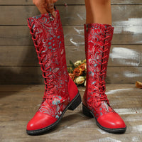 Botte haute rouge Simili Cuir Femme - Bottes rouges brodées style western chic 1