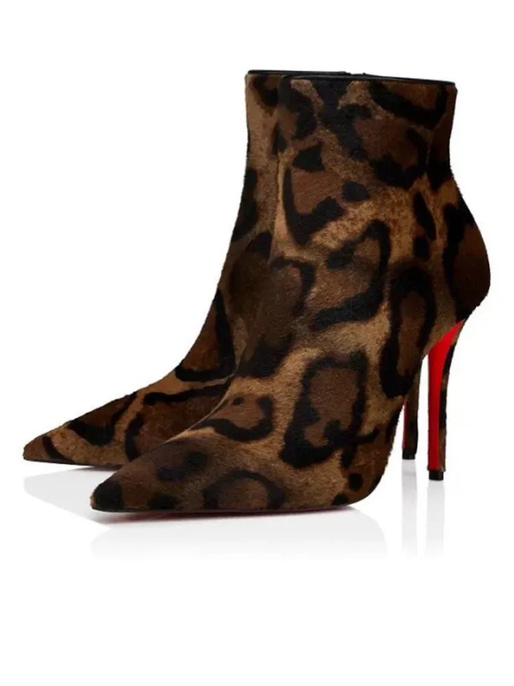 Santiag haute marron Daim Synthétique Femme - Talons aiguilles rouges, motif léopard audacieux