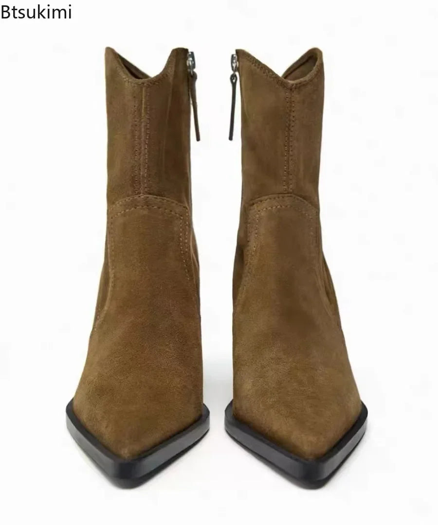 Santiag mi-haute marron Daim Synthétique Femme - Talon cubain épais et bout pointu 2