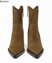 Santiag mi-haute marron Daim Synthétique Femme - Talon cubain épais et bout pointu 2